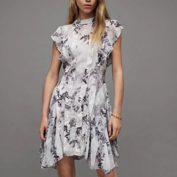 AllSaints Fleur Audrey Floral Print Asymmetric Mini Dress Mono White - Picture 1 of 16